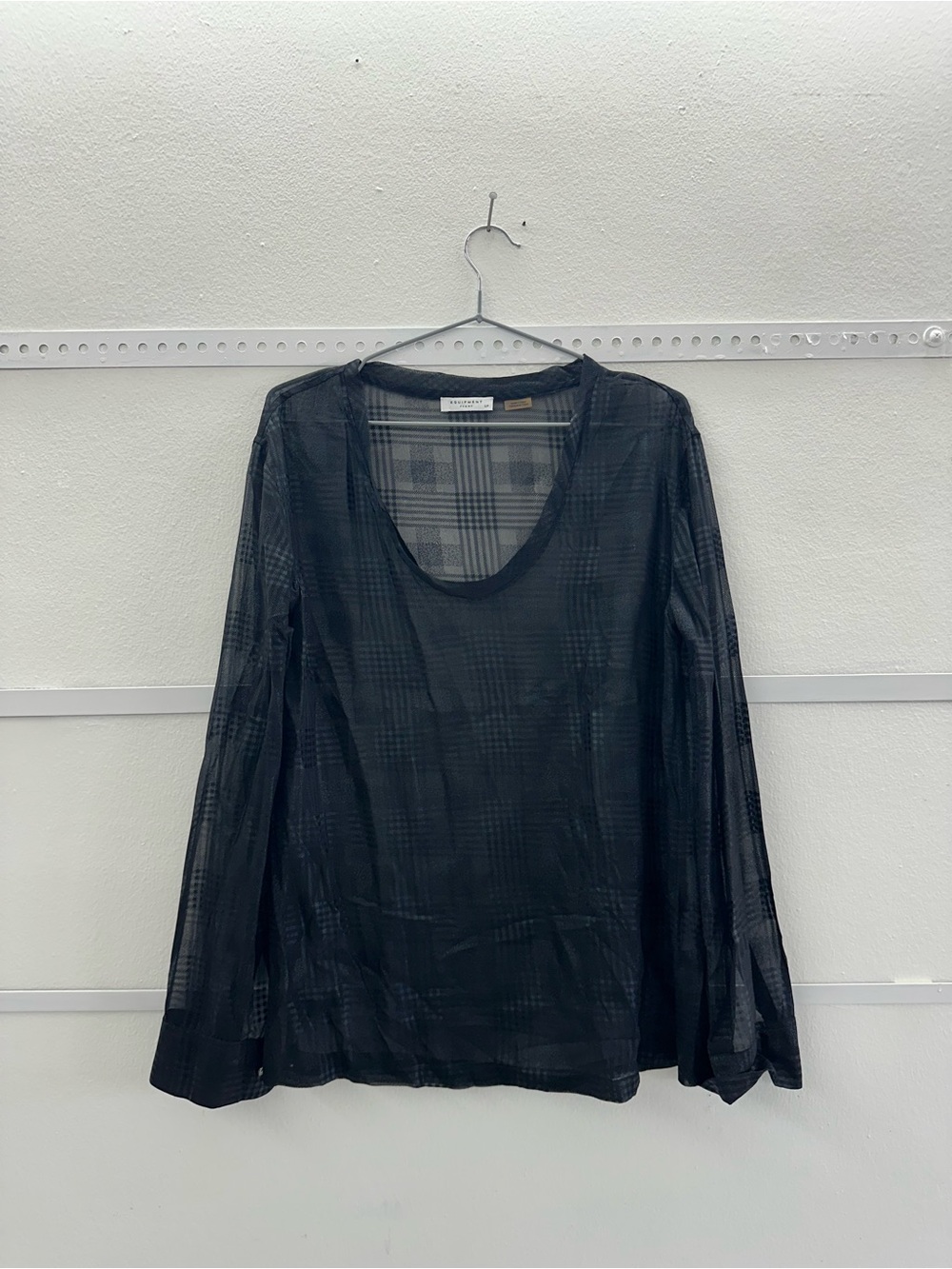 Equipment Femme Black Sheer Plaid Long-Sleeve Scoop Neck Top